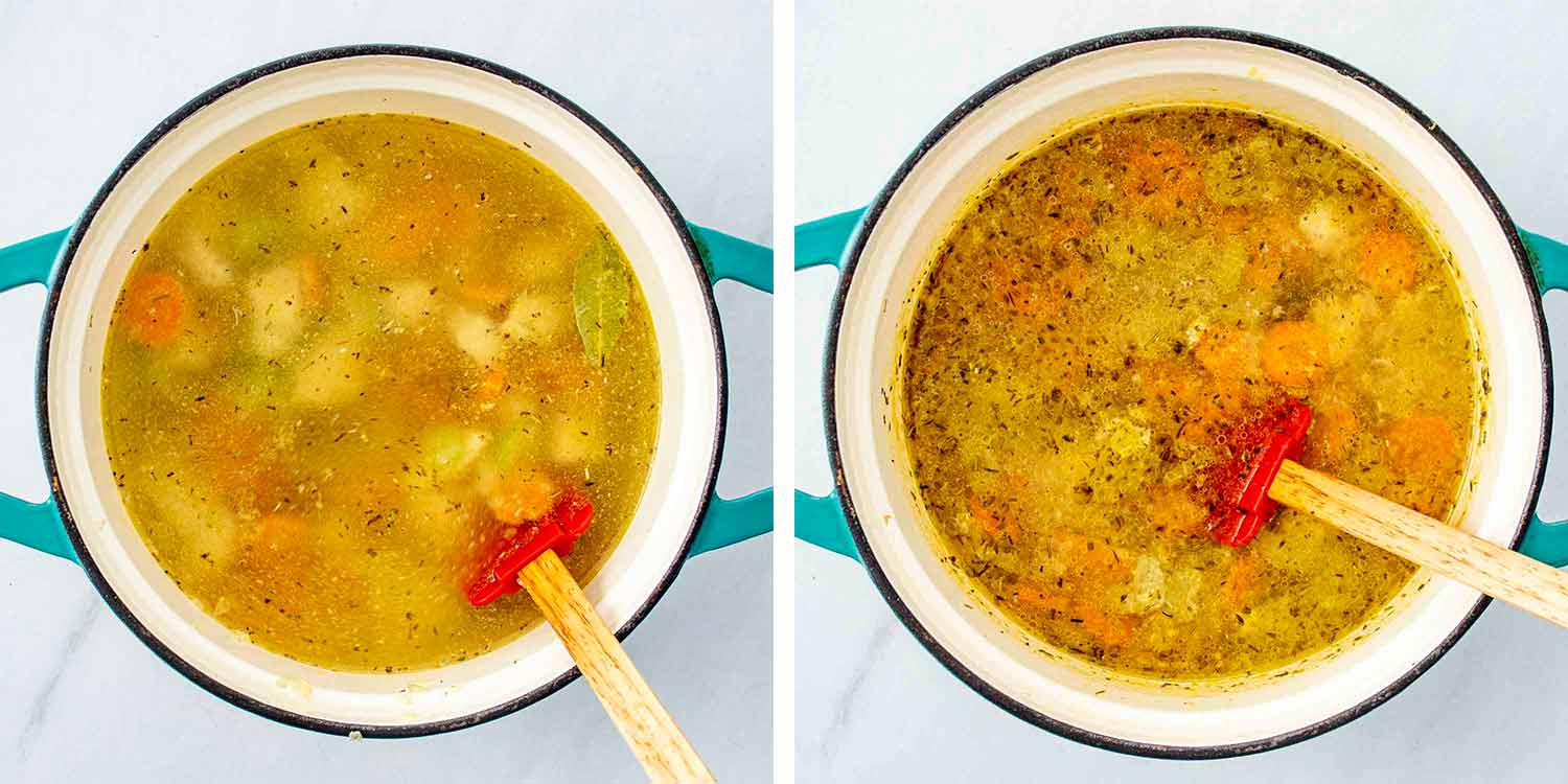 process shots showing how to make chicken and dumplings.