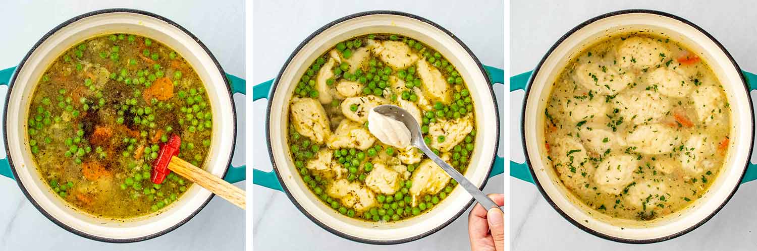 process shots showing how to make chicken and dumplings.