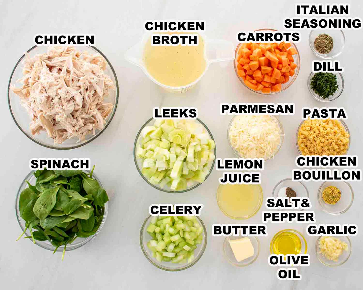 ingredients needed to make chicken and leek soup.