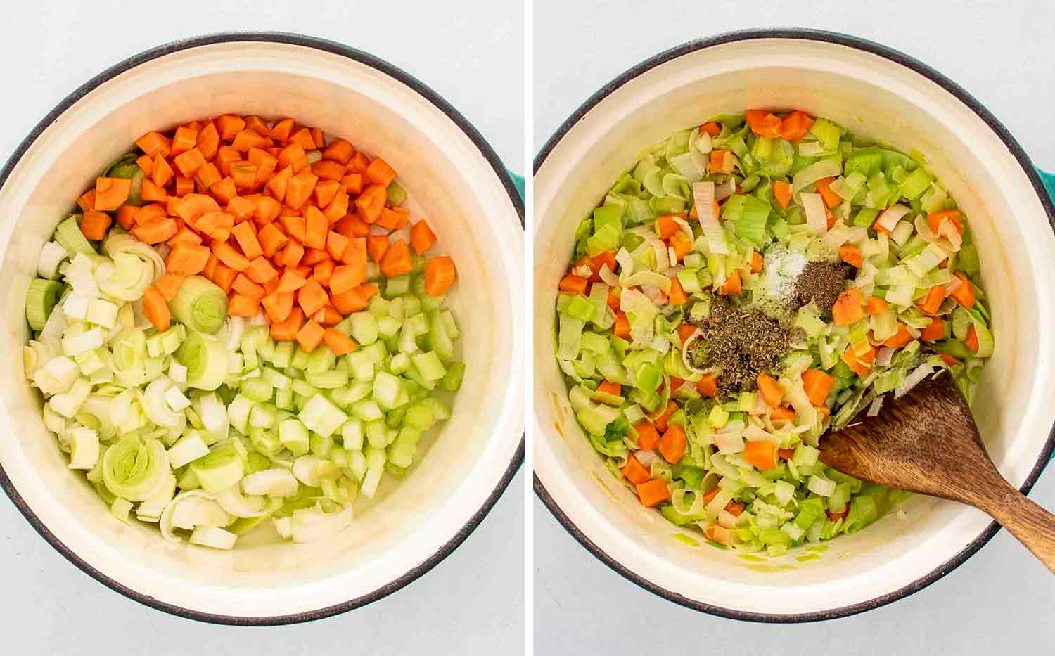 process shots showing how to make chicken and leek soup.