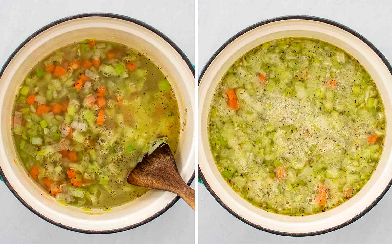 process shots showing how to make chicken and leek soup.