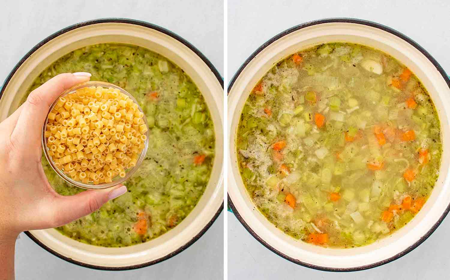 process shots showing how to make chicken and leek soup.