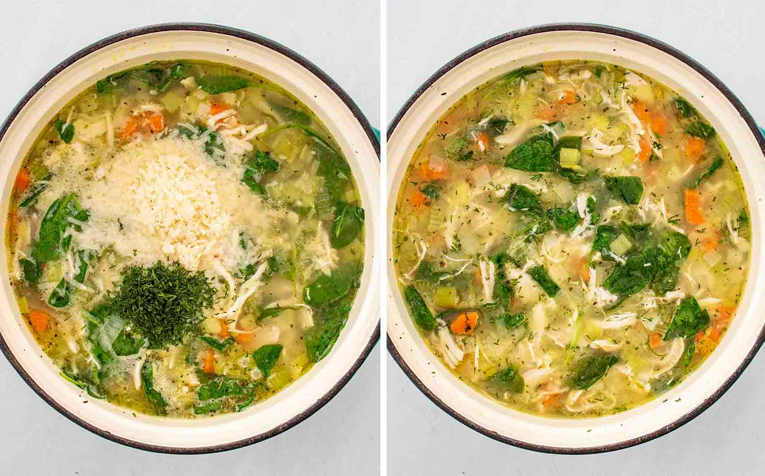 process shots showing how to make chicken and leek soup.