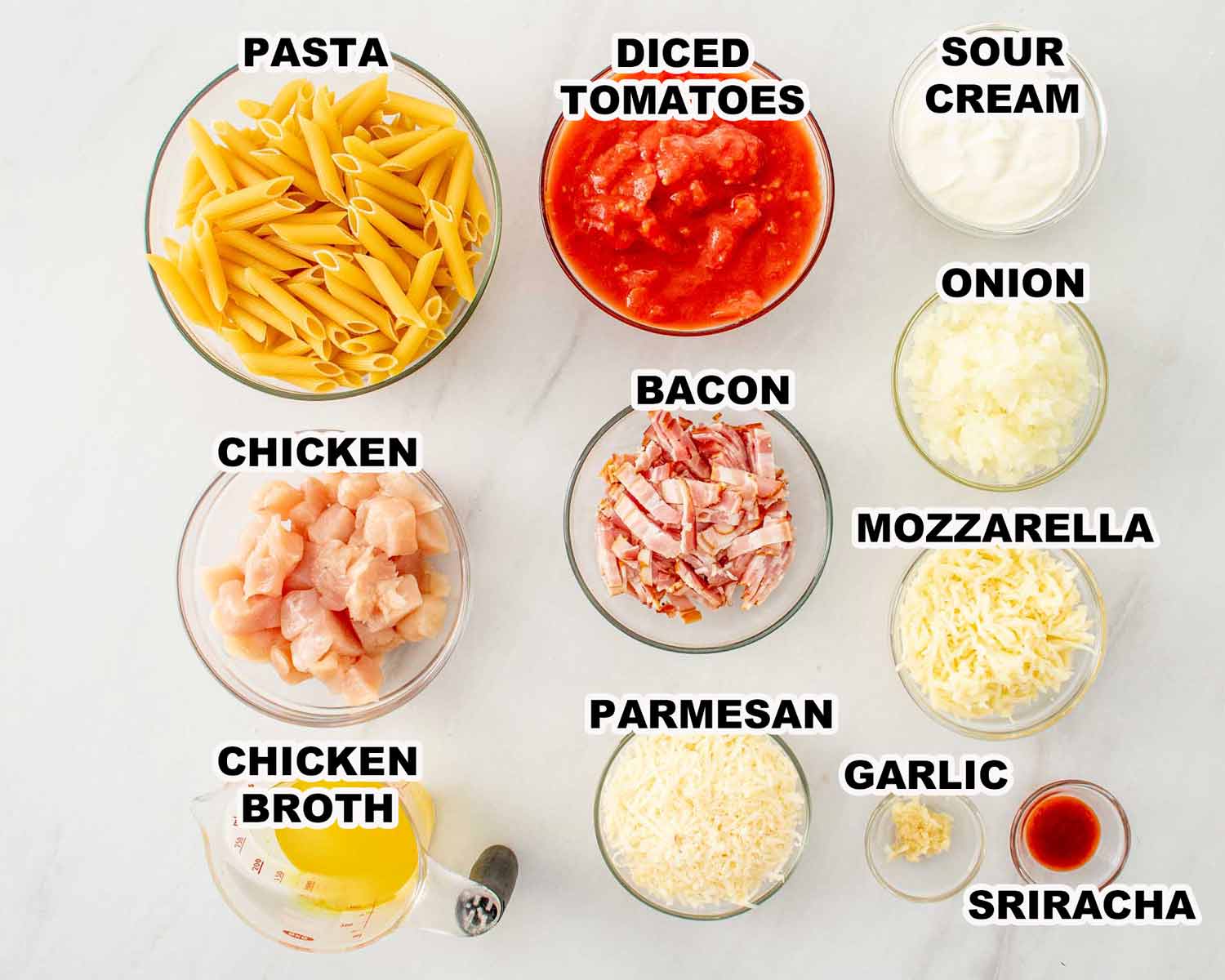 ingredients needed to make chicken bacon pasta.