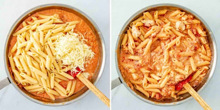 process shots showing how to make chicken bacon pasta.