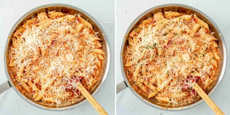 process shots showing how to make chicken bacon pasta.