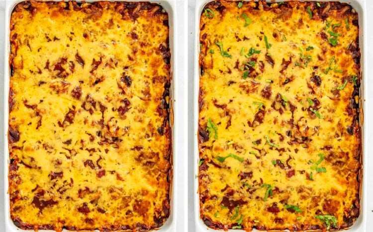 process shots showing how to make chicken enchilada casserole.