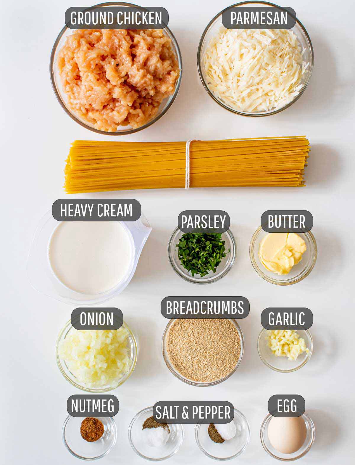 ingredients needed to make chicken meatballs with alfredo sauce and spaghetti.