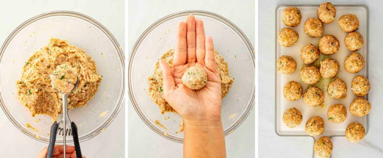 process shots showing how to make chicken parmesan meatballs.