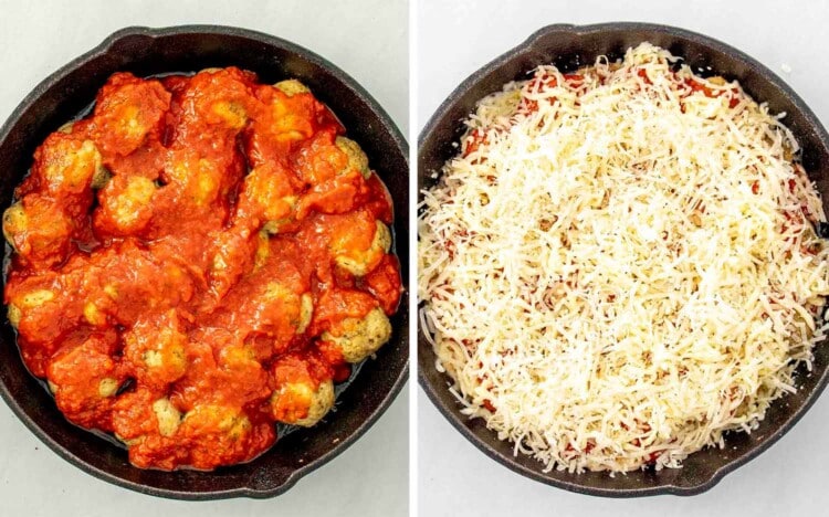 process shots showing how to make chicken parmesan meatballs.