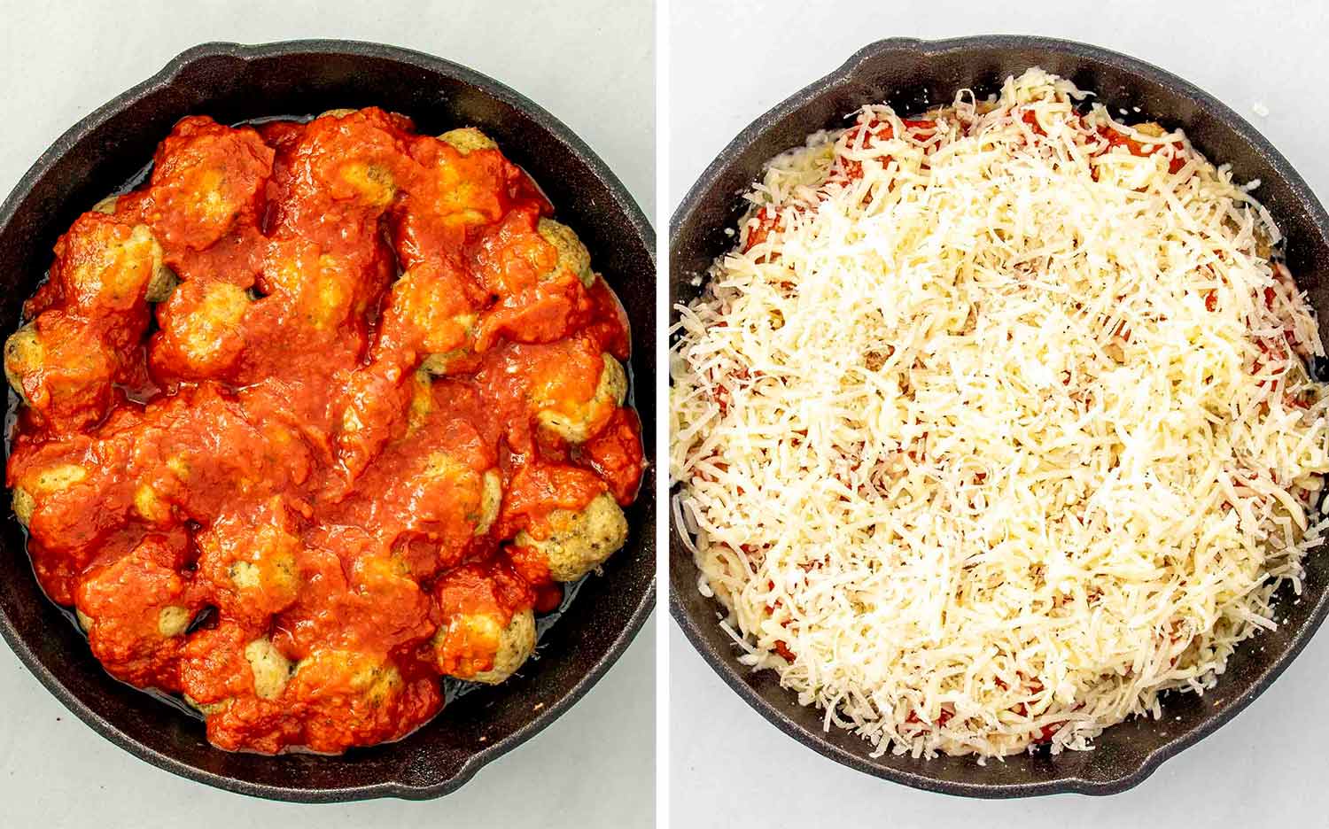 process shots showing how to make chicken parmesan meatballs.