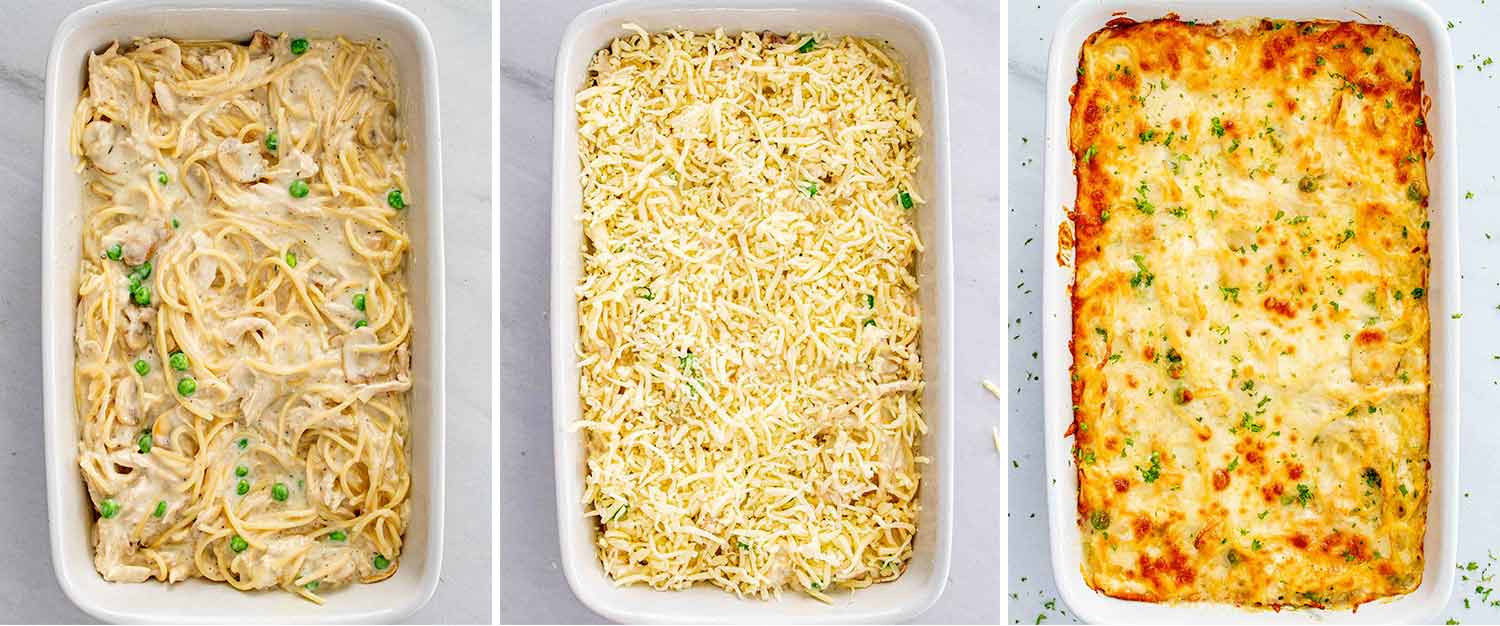 process shots showing how to make chicken tetrazzini.