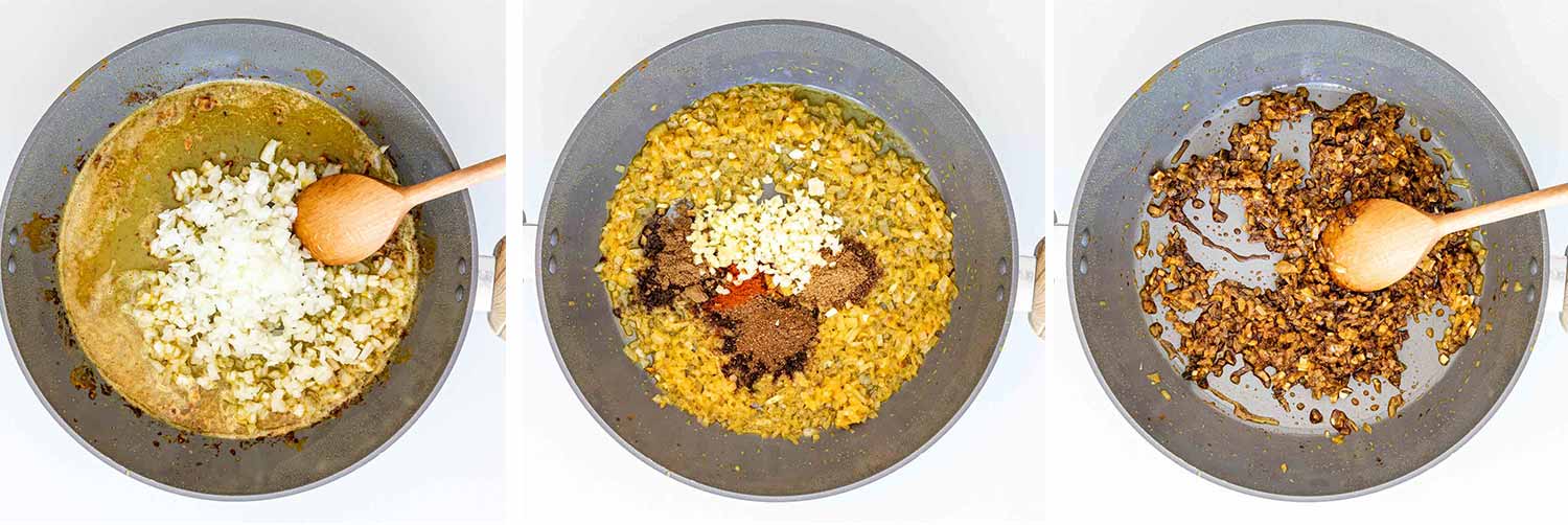 process shots showing how to make chicken tikka masala.