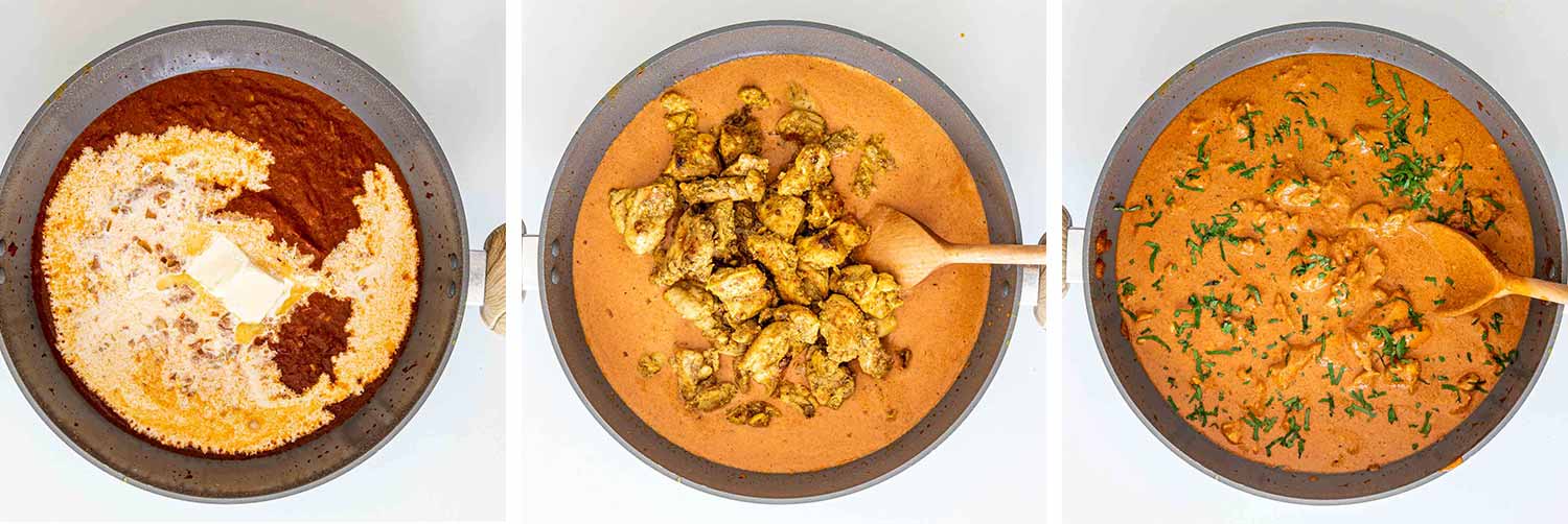 process shots showing how to make chicken tikka masala.