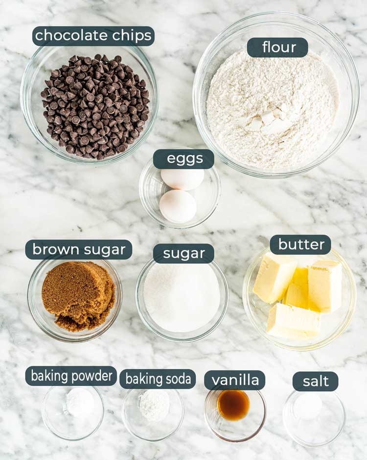 overhead shot of all the ingredients needed to make chocolate chip cookies