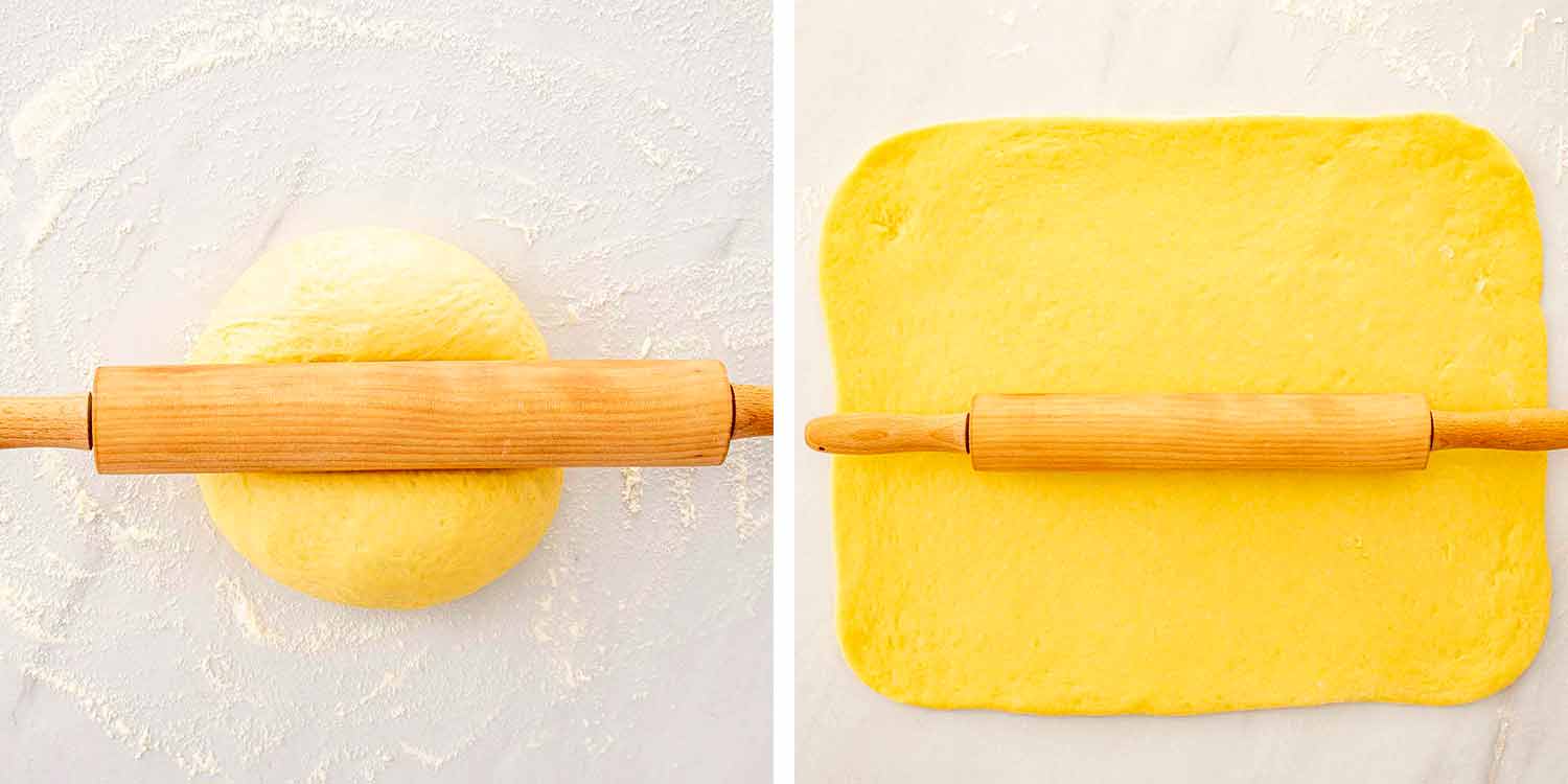 process shots showing how to make cinnamon rolls.