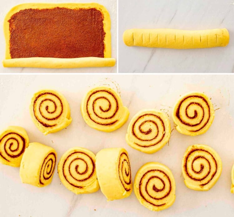 process shots showing how to make cinnamon rolls.