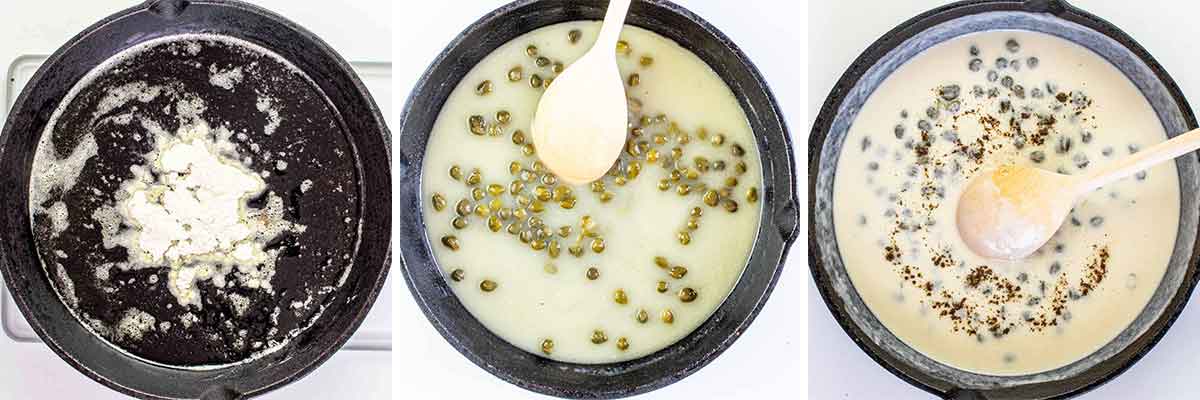 process shots showing how to make the sauce for creamy chicken piccata.