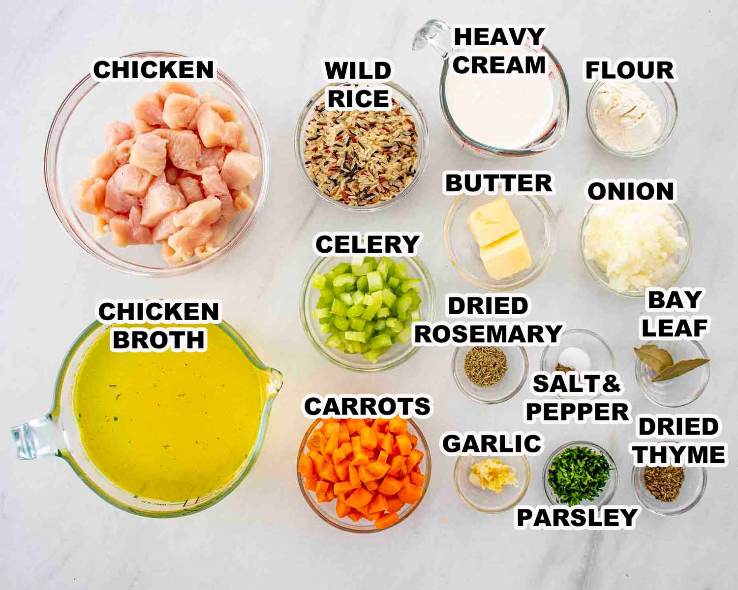 ingredients needed to make creamy chicken wild rice soup.