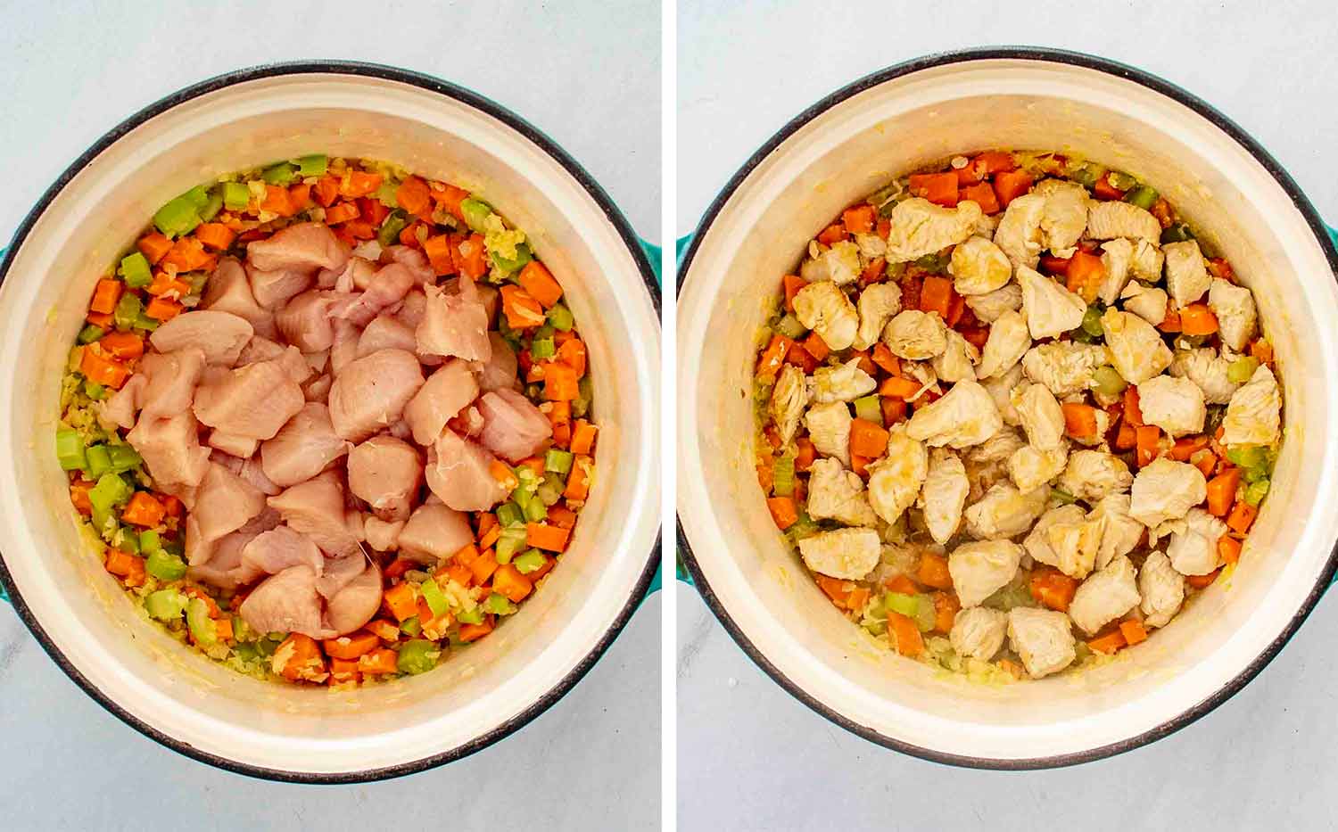 process shots showing how to make creamy chicken wild rice soup.