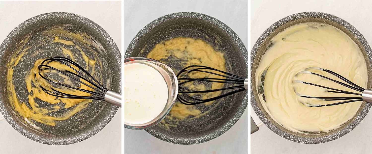 process shots showing how to make creamy chicken wild rice soup.