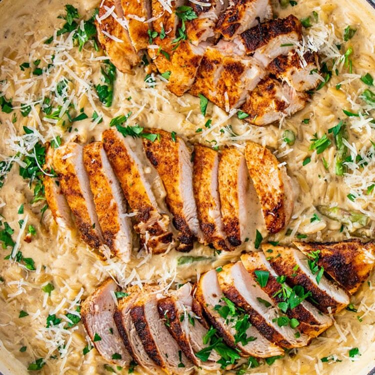 Creamy Parmesan Orzo with Chicken and Asparagus