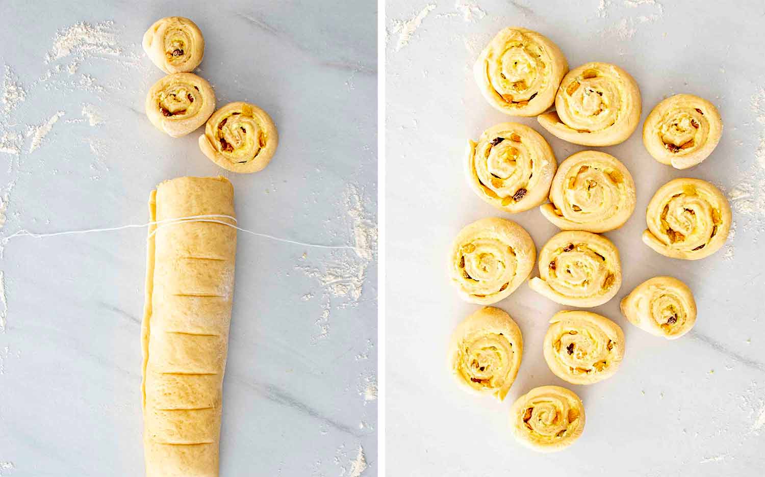 process shots showing how to make custard raisin rolls.
