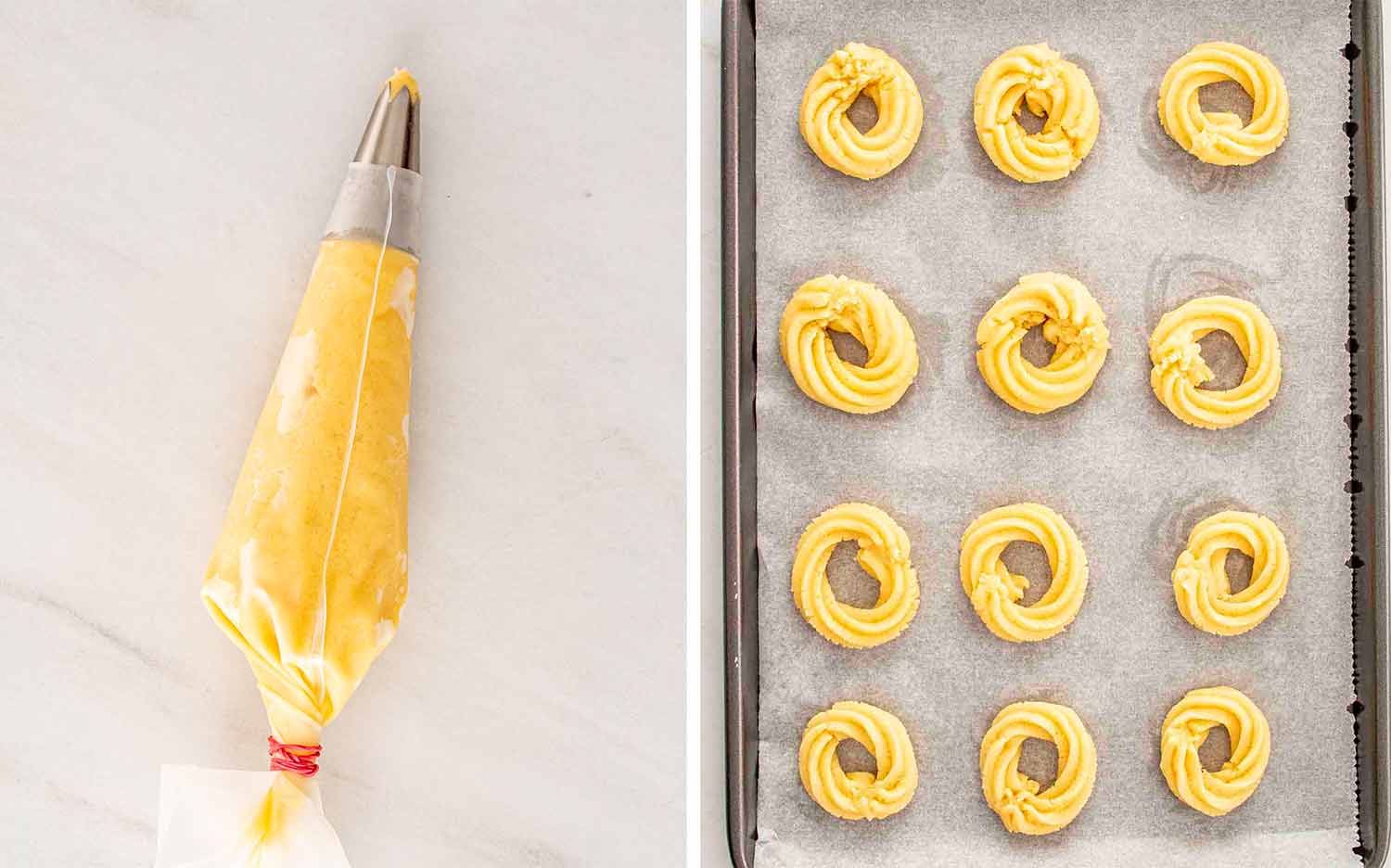 process shots showing how to make danish butter cookies.