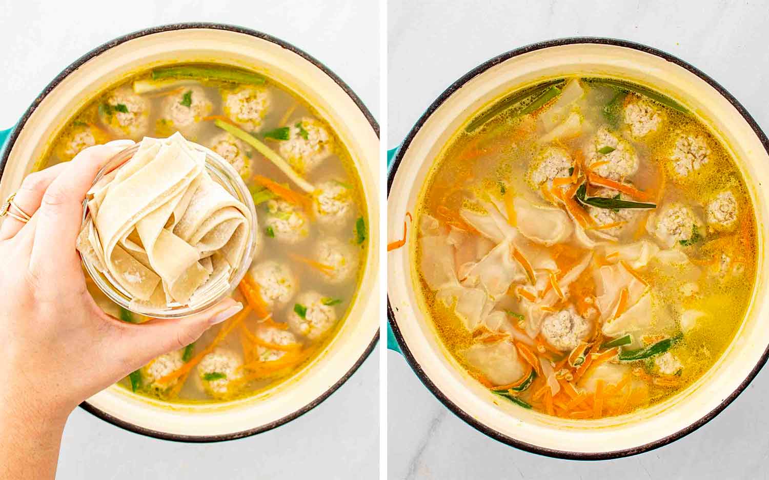 process shots showing how to make deconstructed wonton soup.