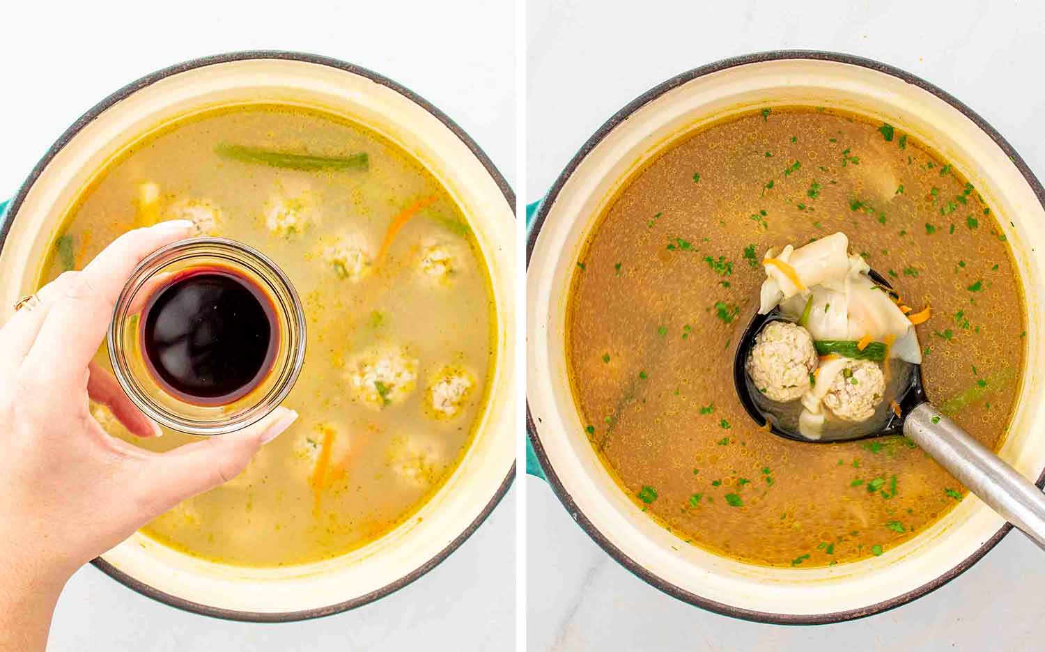 process shots showing how to make deconstructed wonton soup.