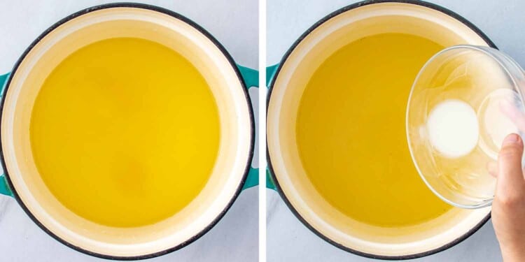 process shots showing how to make egg drop soup.