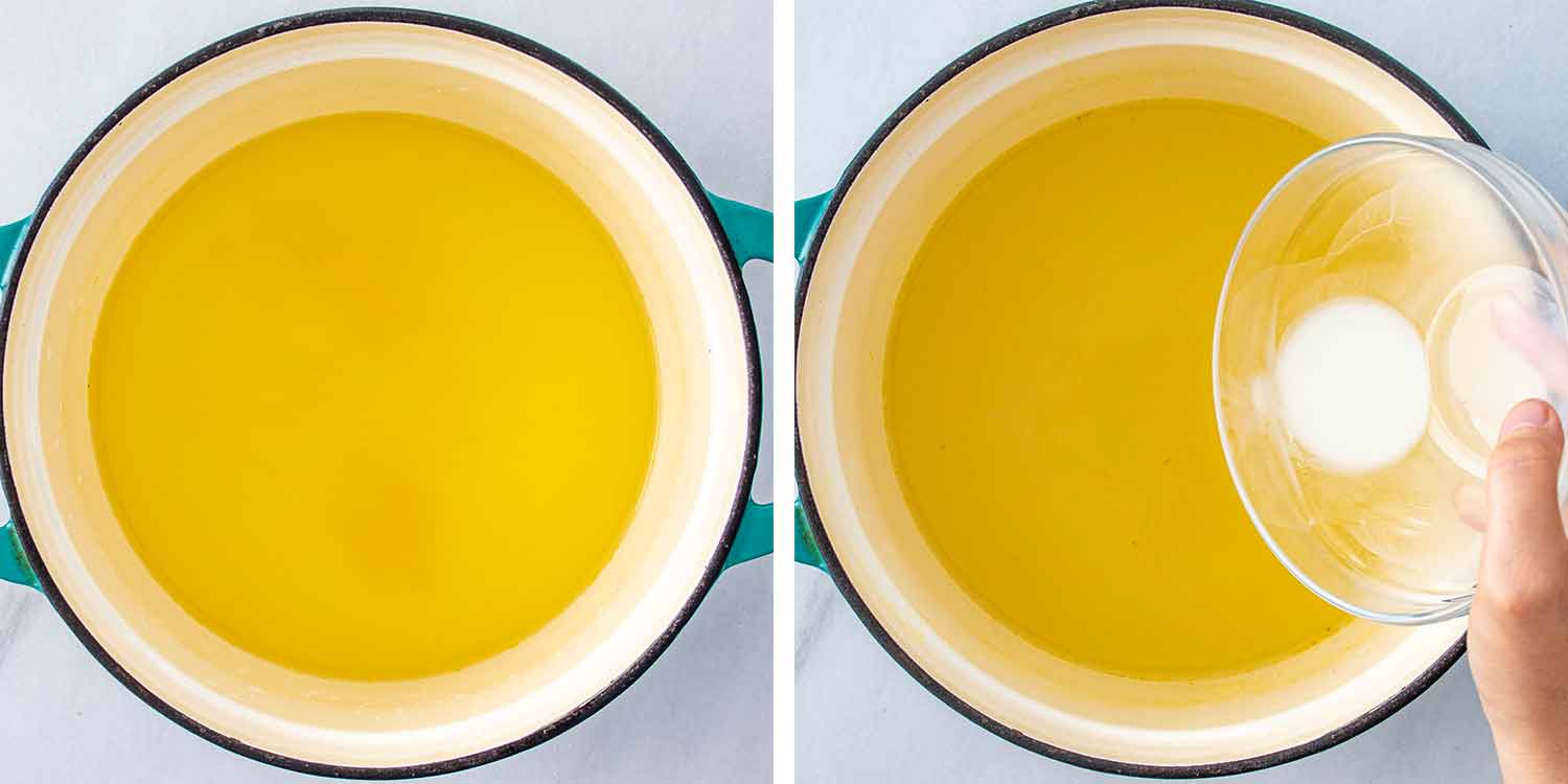 process shots showing how to make egg drop soup.