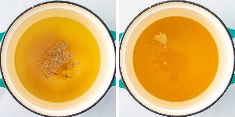 process shots showing how to make egg drop soup.