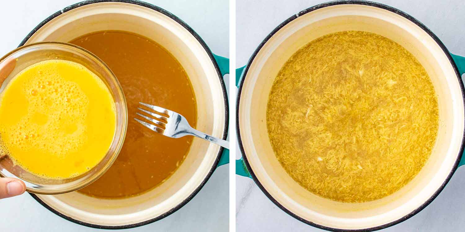process shots showing how to make egg drop soup.