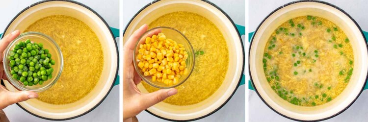 process shots showing how to make egg drop soup.