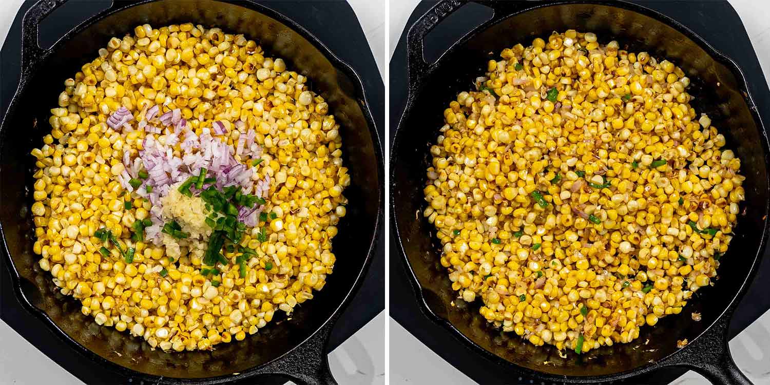 process shots showing how to make esquites (mexican street corn salad).