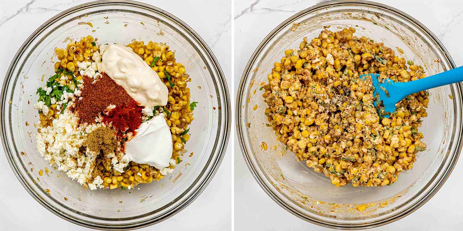 process shots showing how to make esquites (mexican street corn salad).