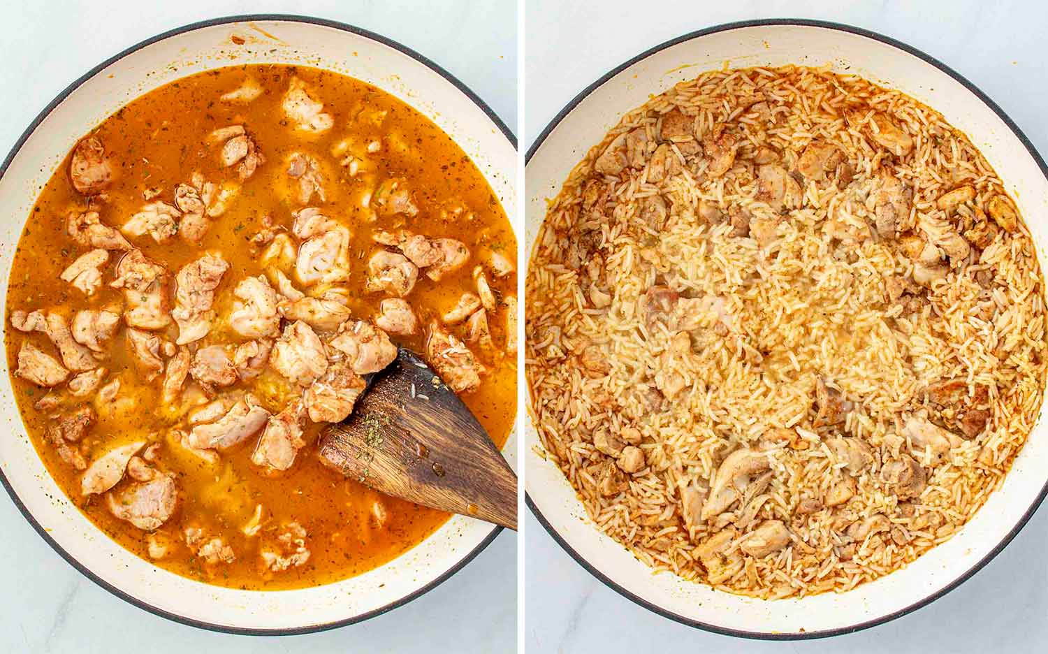 process shots showing how to make one pot garlic butter chicken and rice.