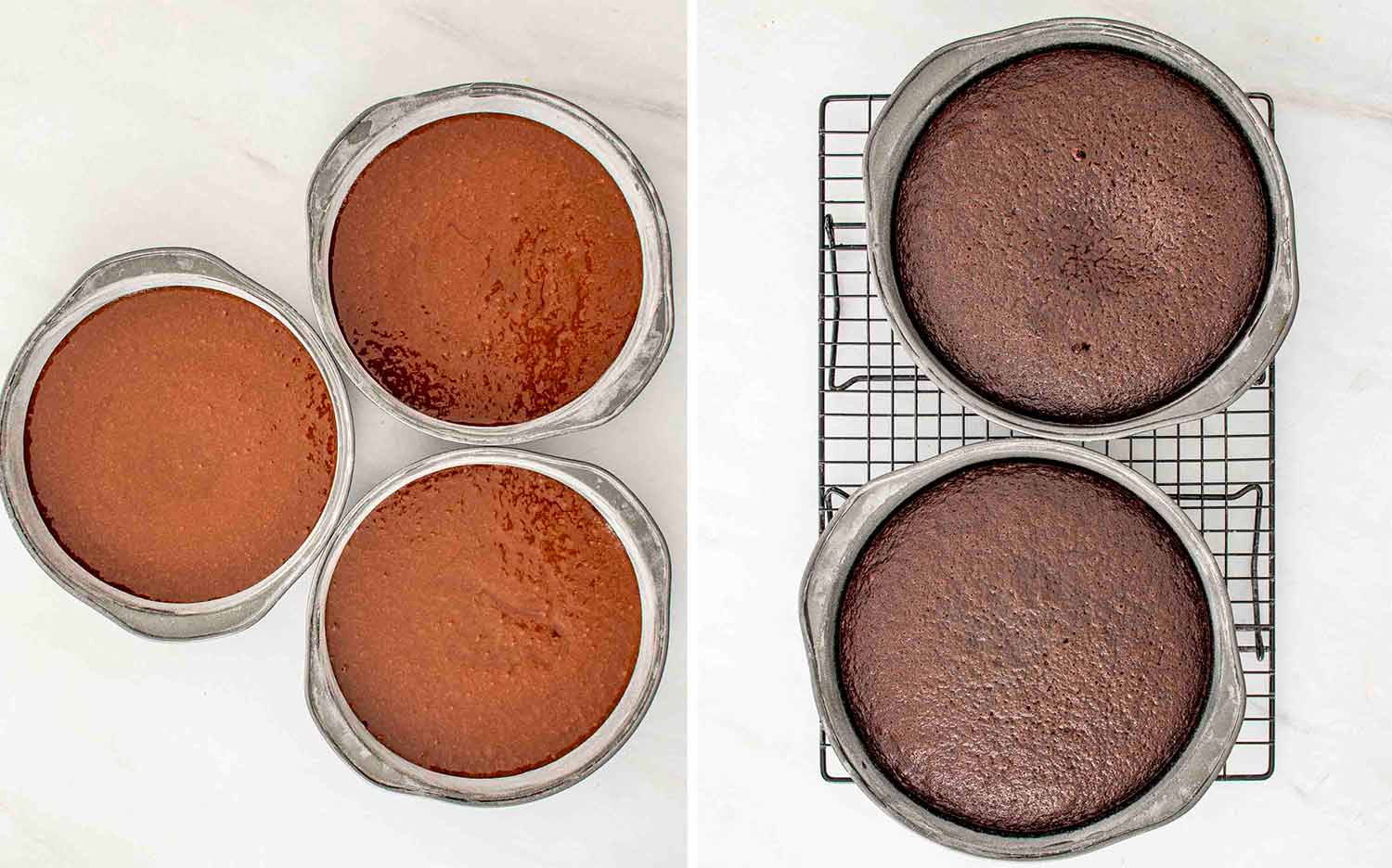 process shots showing how to make german chocolate cake.