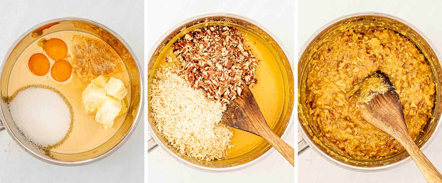 process shots showing how to make german chocolate cake.