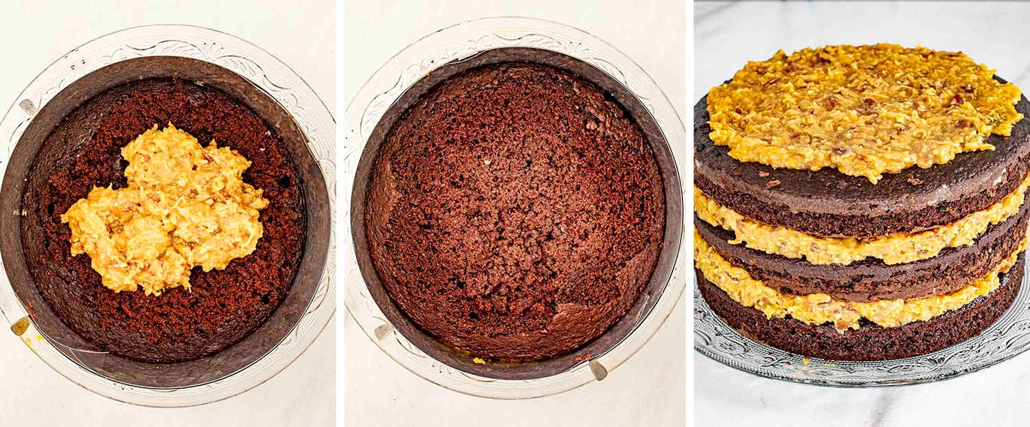 process shots showing how to make german chocolate cake.