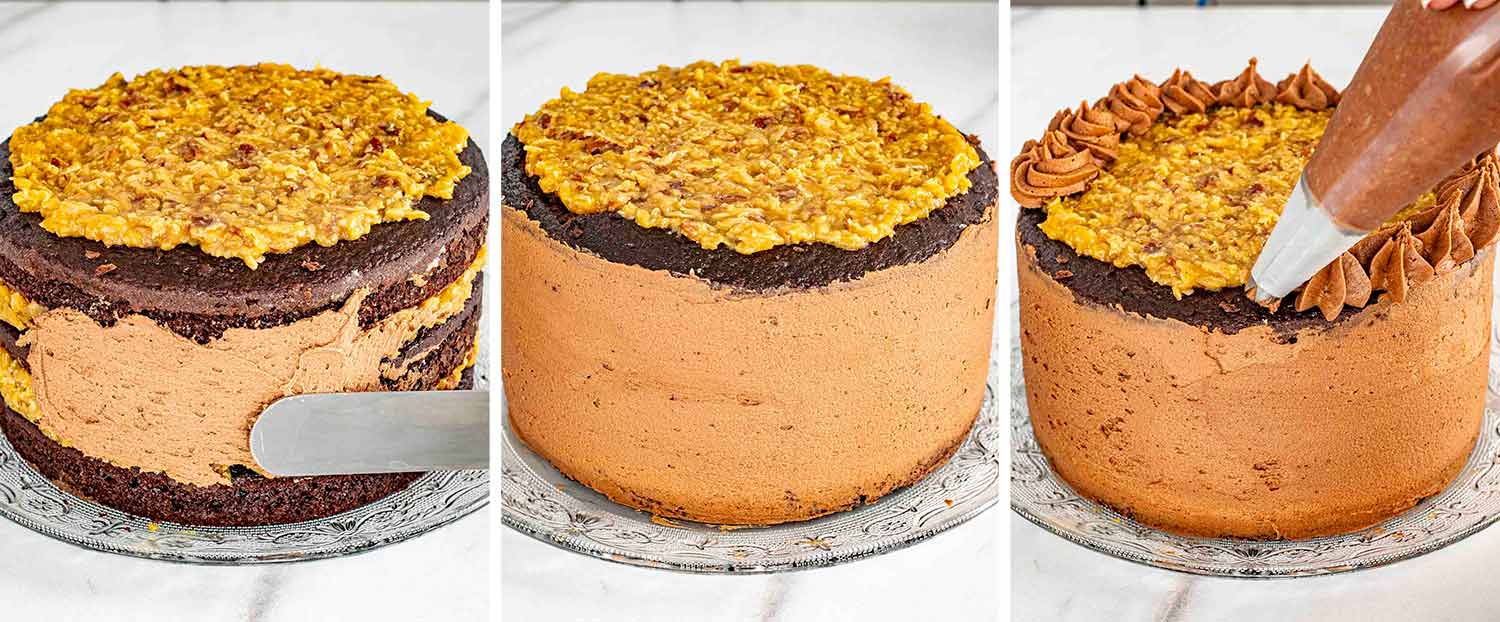 process shots showing how to make german chocolate cake.