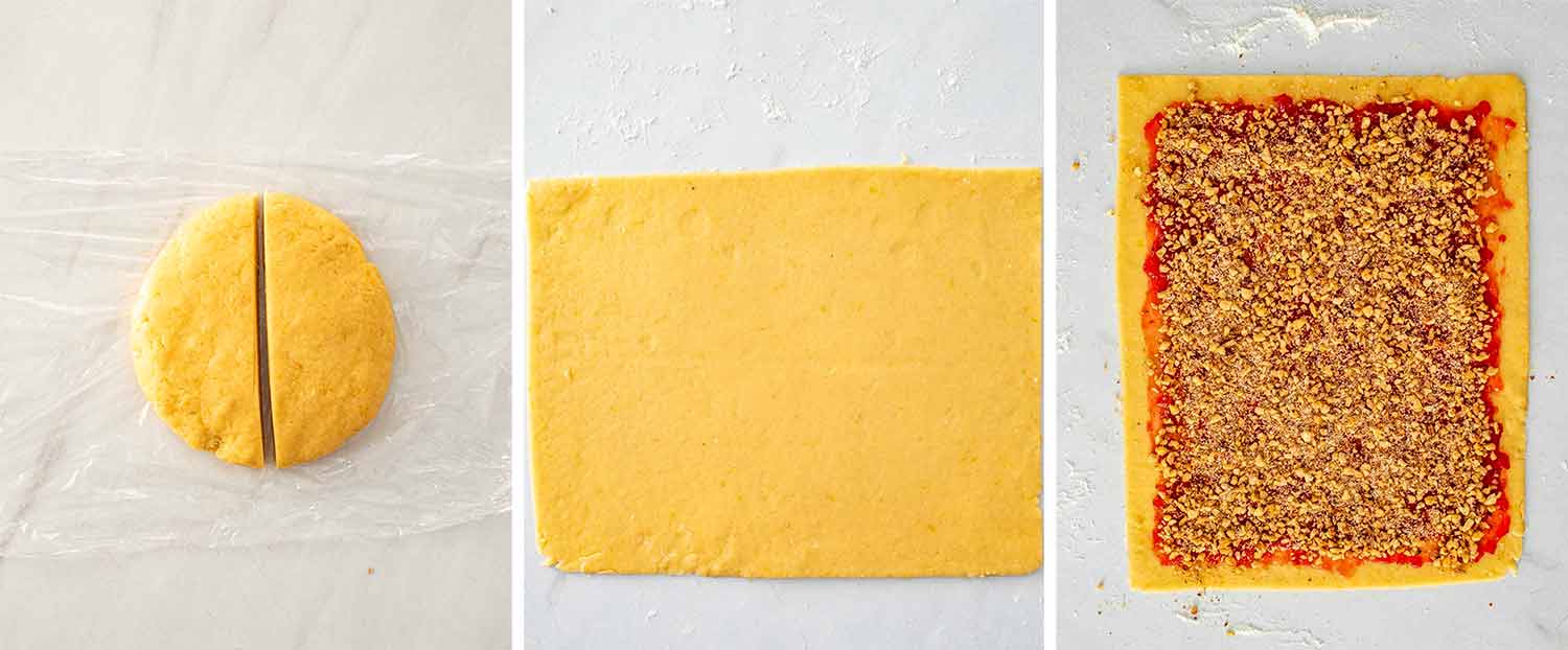 process shots showing how to make italian nut roll cookies.