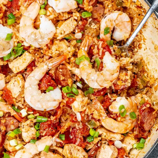 freshly made jambalaya with shrimp in a skillet.