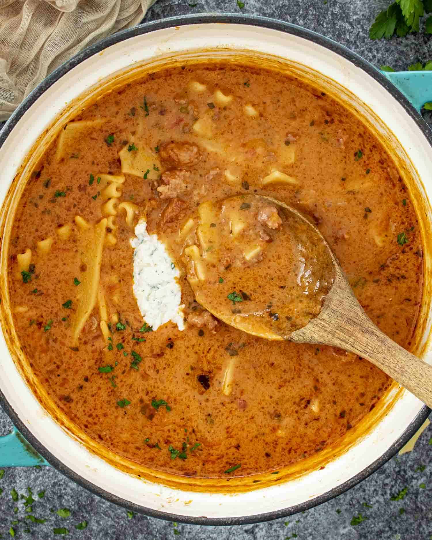 freshly made lasagna soup in a large dutch oven.