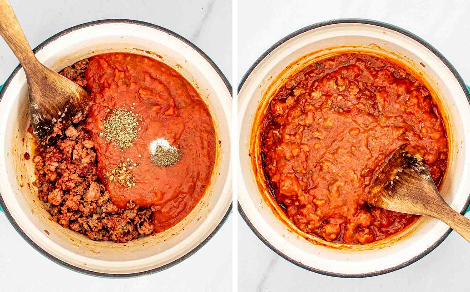 process shots showing how to make lasagna soup.