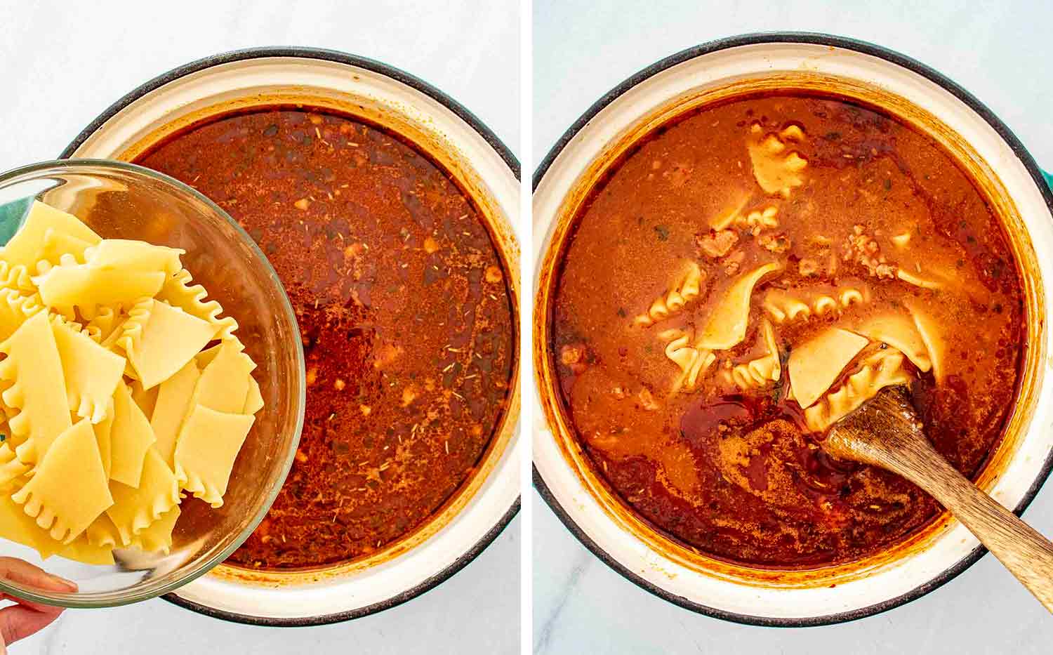 process shots showing how to make lasagna soup.