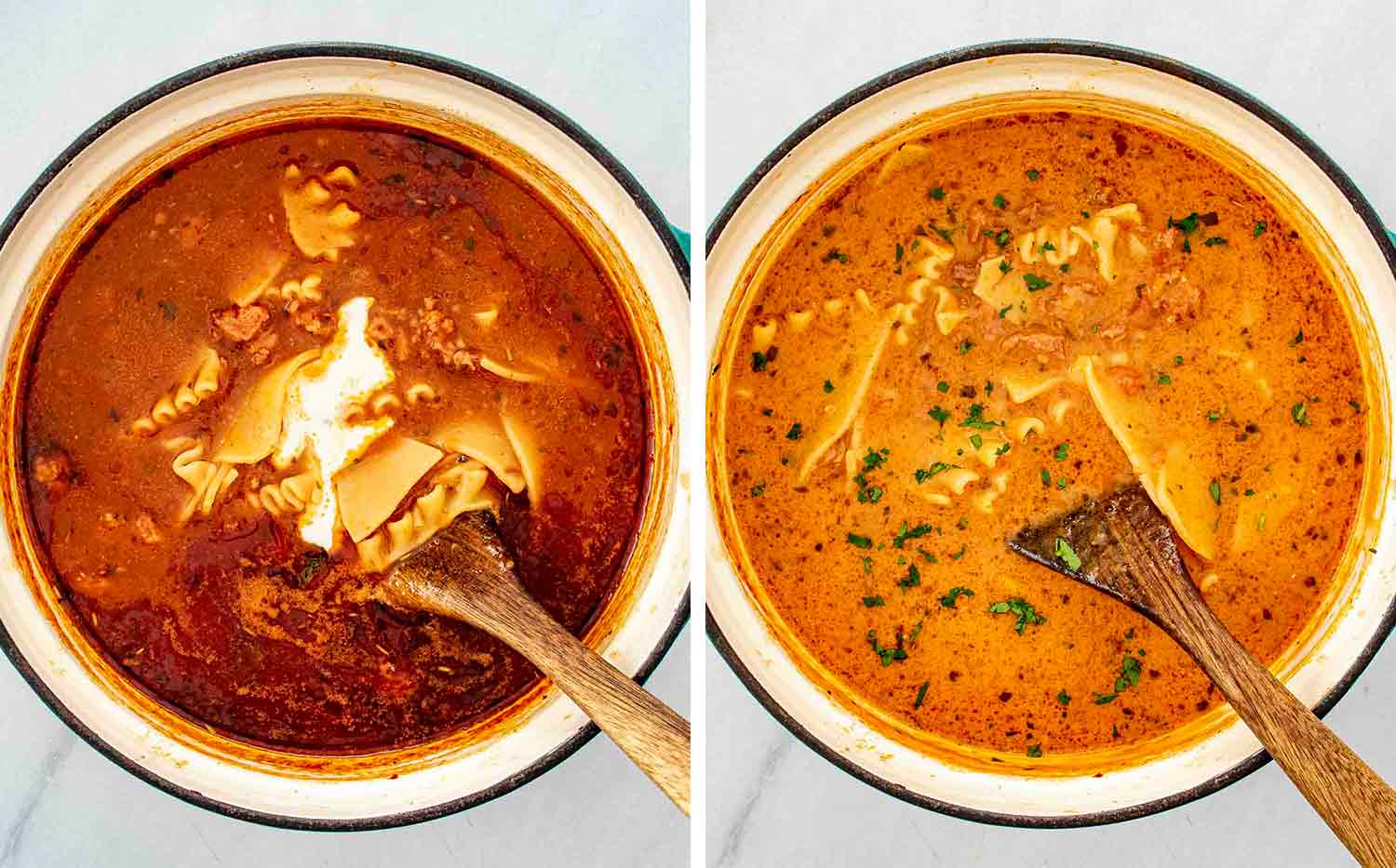 process shots showing how to make lasagna soup.