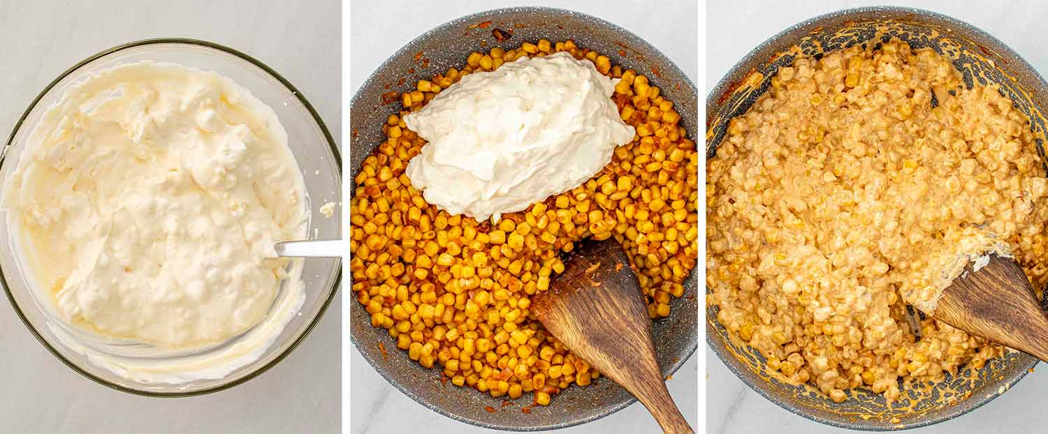 process shots showing how to make mexican street corn pasta bake.