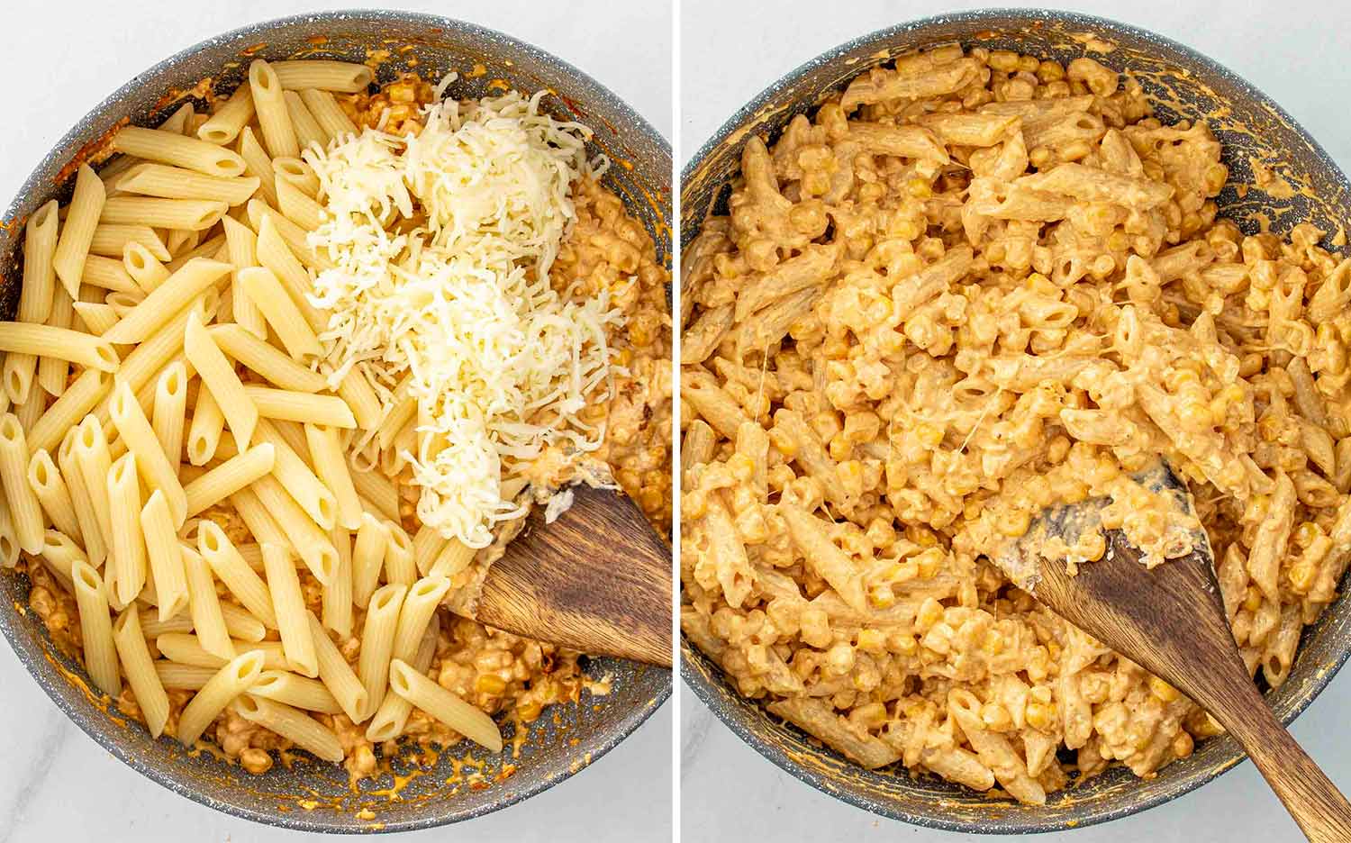 process shots showing how to make mexican street corn pasta bake.